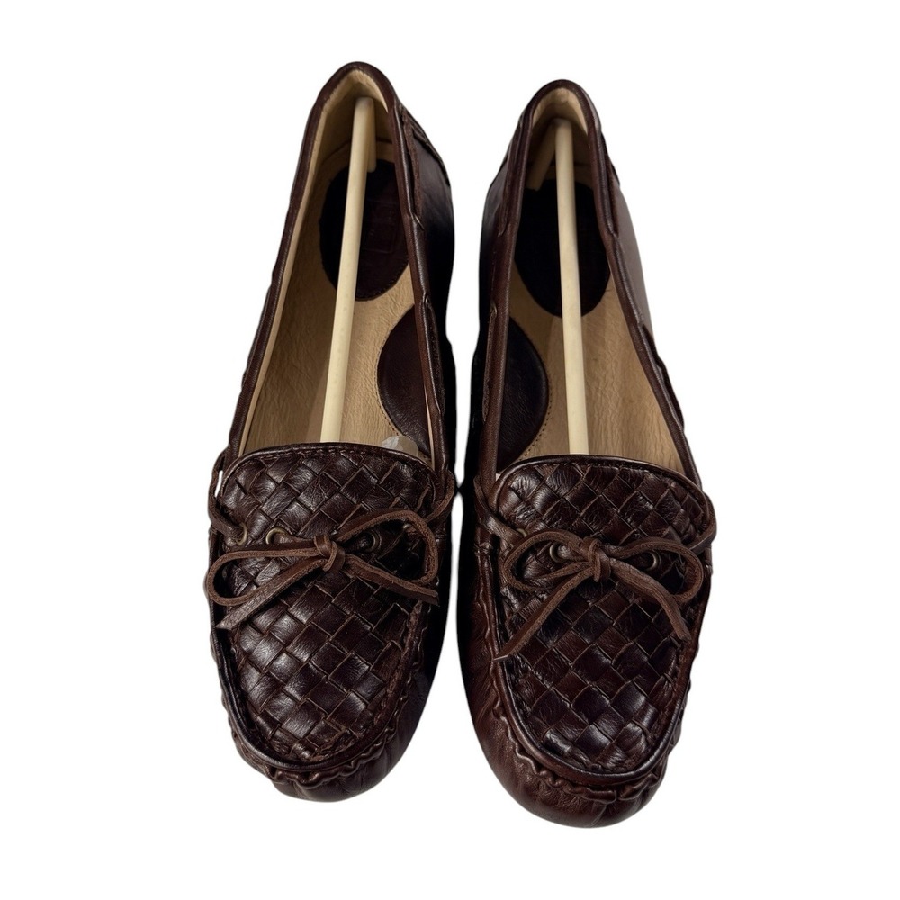 Frye Women’s Woven Leather Moccasin Flats in Dark Brown